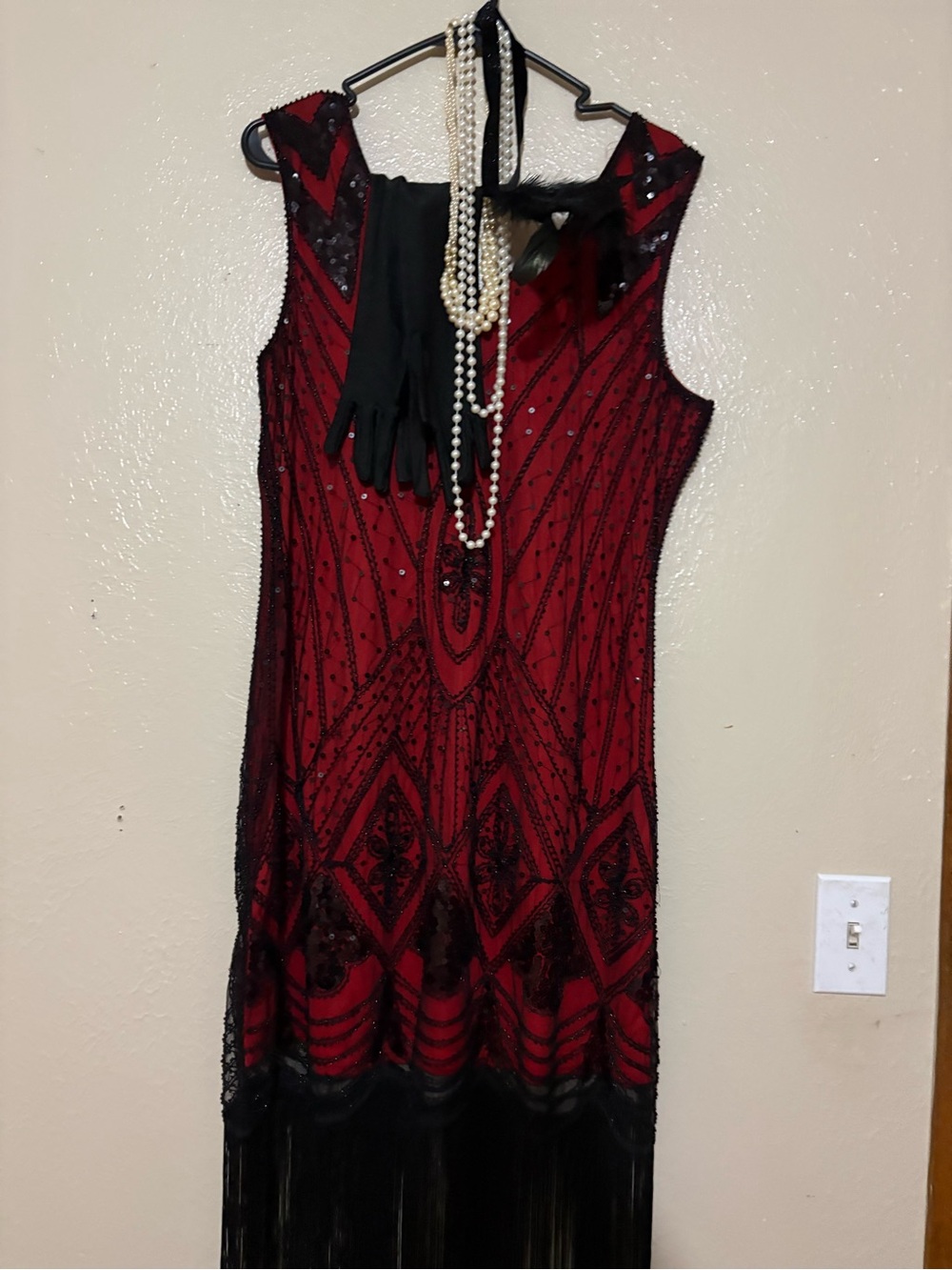 Red Beaded Fringe Evening Dress